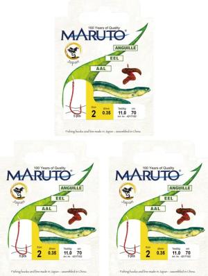 18 Aalhaken (Gr. 2) Vorfächer 70 cm, rot mit Schnur und Haken zum Angeln auf Aal