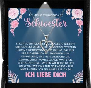 22Feels Schmuckset An Meine Schwester Geschenk Frauen Mädchen Herz Halskette Geschwister (inkl. Geschenktasche, Karte, Poliertuch, Beutel), Premium Licht Etui, Silber 925/000, Karte Made In Germany