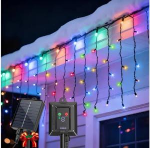 Aigostar LED-Lichtervorhang Solar Eiszapfen Lichterkette Außen 3M+5M*0.6M 100 LED, IP65, 8 Modi, Batterieanzeige