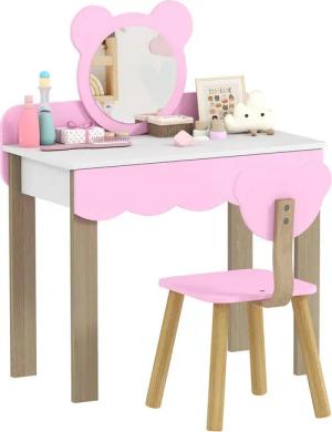 AIYAPLAY Schminktisch mit Hocker, Spiegel, Schubladen, Zubehör (Frisiertisch aus Holz, 2-St., Make-up Tisch Set im Bärendesign), Prinzessin Kosmetiktisch für Mädchen 3-8 Jahre Rosa
