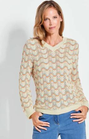Ajourpullover mit V-Ausschnitt - cremeweiß / gemustert - Gr. 52 von Goldner Fashion