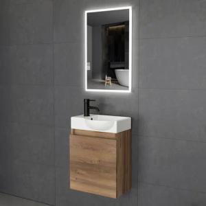 Alpenberger Waschbecken Gäste WC Klein mit Badezimmer Unterschrank und LED Badspiegel (Bamboo Badmöbel 3-tlg. Vormontiert, Waschtisch mit Wandspiegel), Keramik Becken & Softclose Schrank & Spiegel mit Touch Schalter