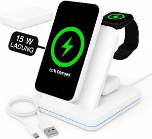Alpha Electronics Kabelloses Ladegerät 3in1 Wireless Charger Induktions-Ladegerät (1500 mA, Spar-Set, 2-tlg., Universelle QI Kompatibilität, Ladestation für iPhone 17/16/15 für Apple Watch Ultra 10 9 8 Air Pods)