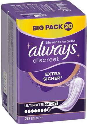 always Inkontinenz-Einlage Discreet + Ultimate Nacht, 8, 20-St., Saugstärke 8 - starke Blasenschwäche