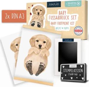 Amari Neugeborenen-Geschenkset Baby Fußabdruck Set Stempelkissen mit 2 Tierpostern (Set, 2 Poster, Videoanleitung, Bilderleiste, Clean Touch Pad) Ohne Farbkontakt, Füße bleiben sauber, Geschenk Geburt