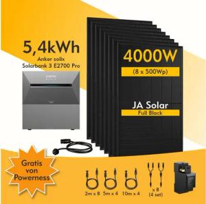 Anker Balkonkraftwerk 4000W Anker SOLIX Solarbank 3 E2700 Pro mit Smart Meter, Zusatzsakkus, (Smart Meter und 8x JASolar 500Wp Full Black im Lieferumfang enthalten), Speicher mit integriertem Wechselrichter, All-in-One 2,668kWh Akku