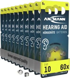 ANSMANN AG Hörgerätebatterien Typ 10 gelb P10 PR70 ZL4, 60 Stück Knopfzelle