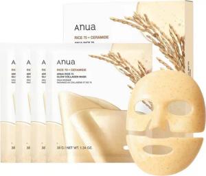 Anua Gesichtsmaske Rice 70 Glow Collagen Mask 4er Pack – zweiteilige Hydrogel-Tuchmaske mit 70% Reisextrakt, Kollagen und Niacinamid – spendet intensive, Feuchtigkeit, unterstützt ebenmäßiges Hautbild & für alle Hauttypen