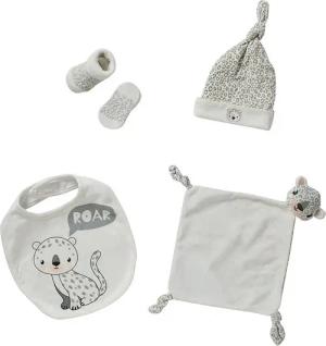 Apollo Neugeborenen-Geschenkset (Set) Tiger Babyset, Mütze, Socken, Lätzchen, Tuch