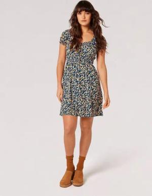 Apricot Minikleid Mini-Sommerkleid (1-tlg) mit Smokdetails und Blumenmuster