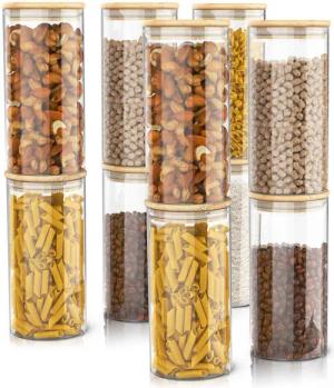 Arendo Aufbewahrungsbecher Glasbehälter-Set 10x 1,5 L Borosilikatglas mit Bambusdeckel, luftdicht, Borosilikatglas, Bambus, Silikon, (Vorratsbehälter-Set, 10-tlg., 10er Set), Hitzebeständig, umweltfreundlich, langlebig, mikrowellengeeignet