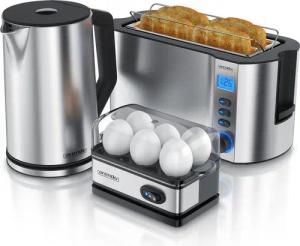 Arendo Frühstücks-Set (3-tlg), Wasserkocher 1,5l, 4-Scheiben Toaster, 6er Eierkocher, Silber