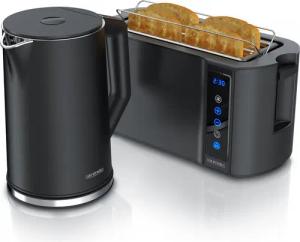 Arendo Frühstücks-Set Edelstahl Wasserkocher 1,5l, 4-Scheiben Langschlitz Toaster, schwarz (2-tlg), Wasserkocher mit Temperatureinstellung, Toaster Brötchenaufsatz, Touch