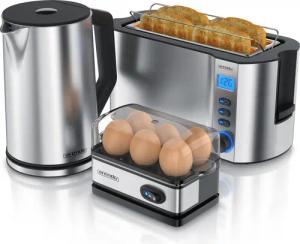 Arendo Frühstücksset 3-teilig, Wasserkocher 1,5 Liter, 4-Scheiben Langschlitz Toaster MANHA, 6er Eierkocher, Silber