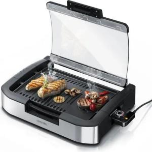 Arendo Tischgrill Gourmet Elektrogrill mit Glasabdeckung, Edelstahl, mit 5 Stufen, 1800 W, Antihaftbeschichtung, Temperaturregelung, für Balkon, Garten & Indoor