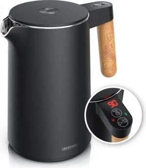 Arendo Wasserkocher Edelstahl, Doppelwand, Temperatureinstellung 40° - 100°C mit Anzeige, 1,5 l, 2200 W, Warmhaltefunktion, 360° Basis, mit Griff in Holzoptik, BPA-frei