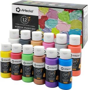 Artecho Acrylfarbe 12 x Metallic Acrylfarben, je 59 ml Flaschen mit Klappverschluss, für Papier, Ton, Holz, Steine – zum Reisen, Malen & Freude verschenken