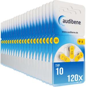 audibene 120x audibene Hörgerätebatterien 10 gelb + GRATIS Reinigungstuch Batterie, (120 St), 1,4V / 1,45V bis zu 10 Jahre lagerfähig ohne Leistungsverlust.