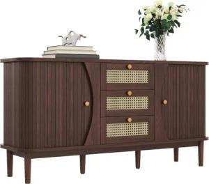 autolock Sideboard Sideboard Rattan kommode Breite 140 cm (Schiebetüren, verstellbaren Einlegeböden und abgerundeter Platte), Esszimmer Anrichte Küchenschrank Wohnzimmerschrank