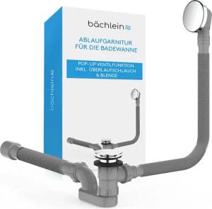 Bächlein Ablaufgarnitur Badewanne Pop-Up - mit Pop Up Funktion und Haarsieb (Set, Komplettset inkl. flexiblem Überlauf, Überlaufblende & Siphon) Pop-Up