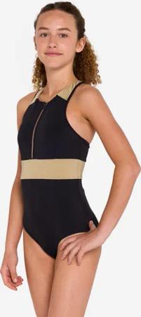 Badeanzug Mädchen Y-Rückenform Frontreißverschluss 900 Calysta schwarz/gold