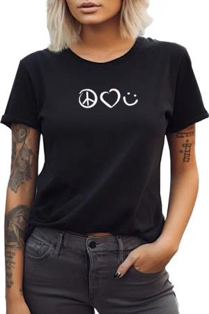 Banco T-Shirt Damen Kurzarm Peace, Love, Smile Unifarben Unifarben