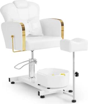 Barberpub Stuhl BarberPub Pediküre Stuhl mit Fußbadewanne F0371 (Gold-Weiß)