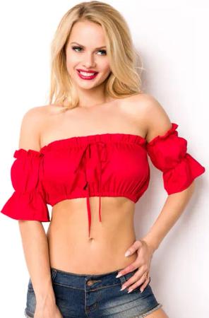 Bauchfreies rotes Carmentop mit Puffärmeln, Gummizug und Schleife vorne sexy Kurzarm-Oberteil im Carmenstil für heiße Sommer-Looks