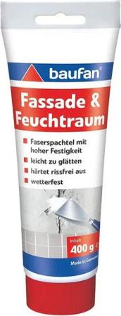 baufan® Spachtelmasse Fassadenspachtel & Feuchtraumspachtel 400 g Innen Außen, faserverstärkte Spachtelmasse mit hoher Festigkeit
