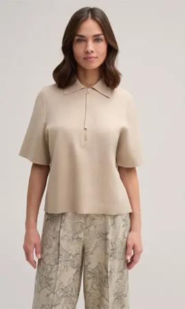 Baumwollmix-Double-Strick-Poloshirt mit Zipper in Hellbeige