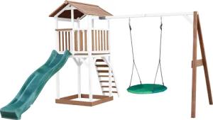 Beach Tower Spielturm Braun/Weiß, Rutsche Grün, Schaukel