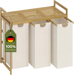 Bellamio Wäschekorb Newa aus Bambus (3 Fächer mit 1 Ablage, Beige 150 L), ausziehbare & abnehmbare Wäschesäcke aus Oxford-Gewebe