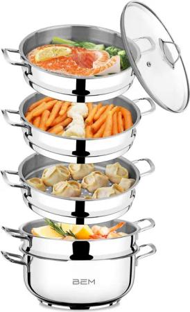 BEM Dampfgartopf Ø 28 cm, Dampfkocher (Mantowarka NICHT induktionsgeeignet, 6-tlg., Set aus Edelstahl 18/10), mit Dampfeinsatz und Glasdeckel Dampfkochtopf