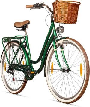 bergsteiger Cityrad Marseille 26 Zoll, 28 Zoll Damenfahrrad, ab 150 cm, Korb aus Rattan, 6 Gang, Kettenschaltung, V-Bremsen