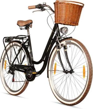 bergsteiger Cityrad Marseille 26 Zoll, 28 Zoll Damenfahrrad, ab 150 cm, Korb aus Rattan, 6 Gang, Kettenschaltung, V-Bremsen