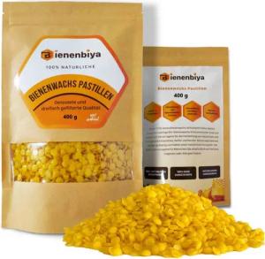 Bienenbiya Bienenwachstücher 400g 100% Reine Bienenwachs Pastillen ohne Zusatzstoffe, natürliches Beeswax für Salben,Kosmetika,Seifen,Kerzenherstellung und Leder-/Holzpflege, 100% natürlich ohne zusatzstoffe