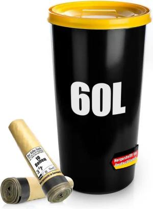 BigDean Mülleimer Gelber Sack Tonne 60L luftdicht mit Deckel und 10 Rollen Gelber Sack, Gelbesack Tonne, Luftdicht, Universell nutzbar
