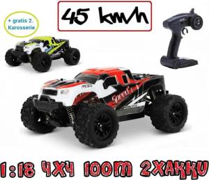 Blij´r RC-Auto Speed´r ferngesteuertes RC Auto 45 km/h, 1:18, 2 Akkus, Monstertruck (Komplettset), Ersatzkarosserie