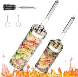 BlingBin Grillguthalter Rollendes Grillkorb Edelstahl Gitter Grillkäfig mit Abnehmbarem Griff, Edelstahl, (1er Set, 2-St., 2 Stück), Grill Zubehör GrillgemüSe Grillkorb Zylindrisch Terrassengrills Freien