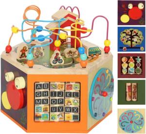 BlingBin Motorikwürfel 8-in-1 Aktivitätswürfel mit Motorikschleife, Perlenlabyrinth, (1er Set, 1-tlg), mit Formsortierer, Motorikspielzeug Lernspielzeug für Kinder