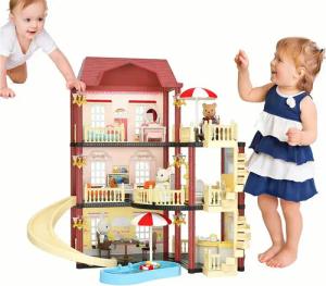 BlingBin Puppenhaus 3-stöckiges Spielhaus Bauspielzeug mit Möbeln & Zubehör für Kinder, (1er Set, 1-tlg., Puppen bis 50 cm hoch), perfektes fantasievolles Geschenk für Weihnachten