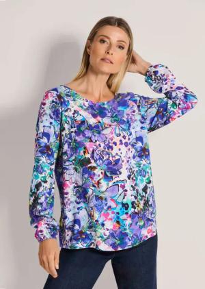 Bluse mit Blumenprint - lila / gemustert - Gr. 24 von Goldner Fashion