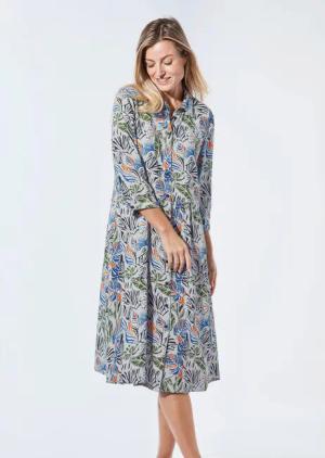 Blusenkleid mit Hemdkragen - beige / blau / orange / gemustert - Gr. 23 von Goldner Fashion