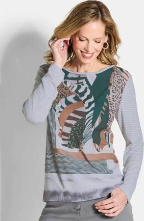 Blusenshirt aus Satin und Viskose-Jersey - graugrün / gemustert - Gr. 54 von Goldner Fashion