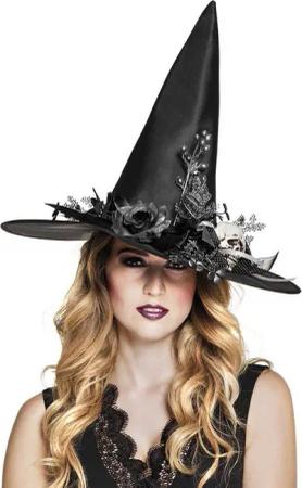 Boland Hexen-Kostüm Zauber Hexenhut für Karneval Faschingskostüm Damen, Spitzer Hexenhut mit Schädel- & Blumen-Applikationen