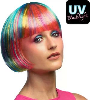 Boland Kostüm-Perücke Perücke Pebbles UV Neon-Farben Bob mit Pony leuchtet im Schwarzlicht, Fluoreszierender UV- Schwarzlicht-Effekt