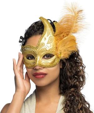 Boland Verkleidungsmaske Augenmaske Venice Prezioso goldfarben venezianische Maske mit Feder, Feine Ornamente, Satinband, echte Hahnen- und Straußenfeder