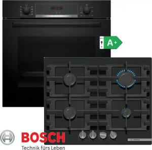 BOSCH Gasherd-Set Gas Autark Elektro Backofen Schwarz Teleskop + GAS Kochfeld Glas, mit 1-fach-Teleskopauszug, -Reinigungsassistent: Weniger Reinigungsaufwand dank neuer Reinigungsoption speziell für leichte Verschmutzungen.