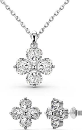 BRELLATO Ohrring und Ketten Set Vierblättriges Kleeblatt Herz-Kristalle Halskette Anhänger Ohrstecker, (Blume Geschenkset, Geschenk-Idee Damen-Schmuck Kette mit Ice-Crushed Kreuz-Design Zirkon Crystals, 3-tlg., inkl., Schmuck-Box, zum, Valentinstag, Mutte