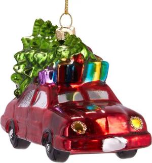 BRUBAKER Christbaumschmuck Kunstvolle Baumkugel Auto mit Weihnachtsbaum - 12 cm, Weihnachtsdekoration aus Glas, handbemalt - Lustige Weihnachtskugel